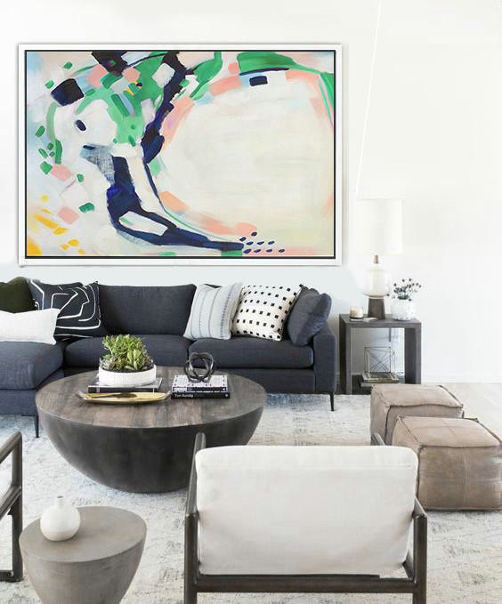 Original Painting Hand Made Large Abstract Art,Oversized Horizontal Contemporary Art,Large Contemporary Painting,White,Grey,Dark Blue,Green.etc
